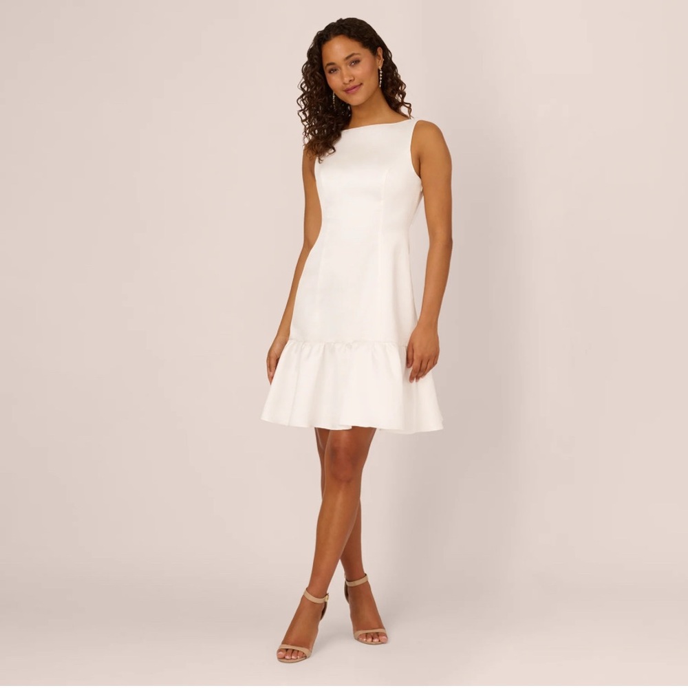 Adrianna Papell White Sleeveless Boatneck Ruffle-Hem Dress